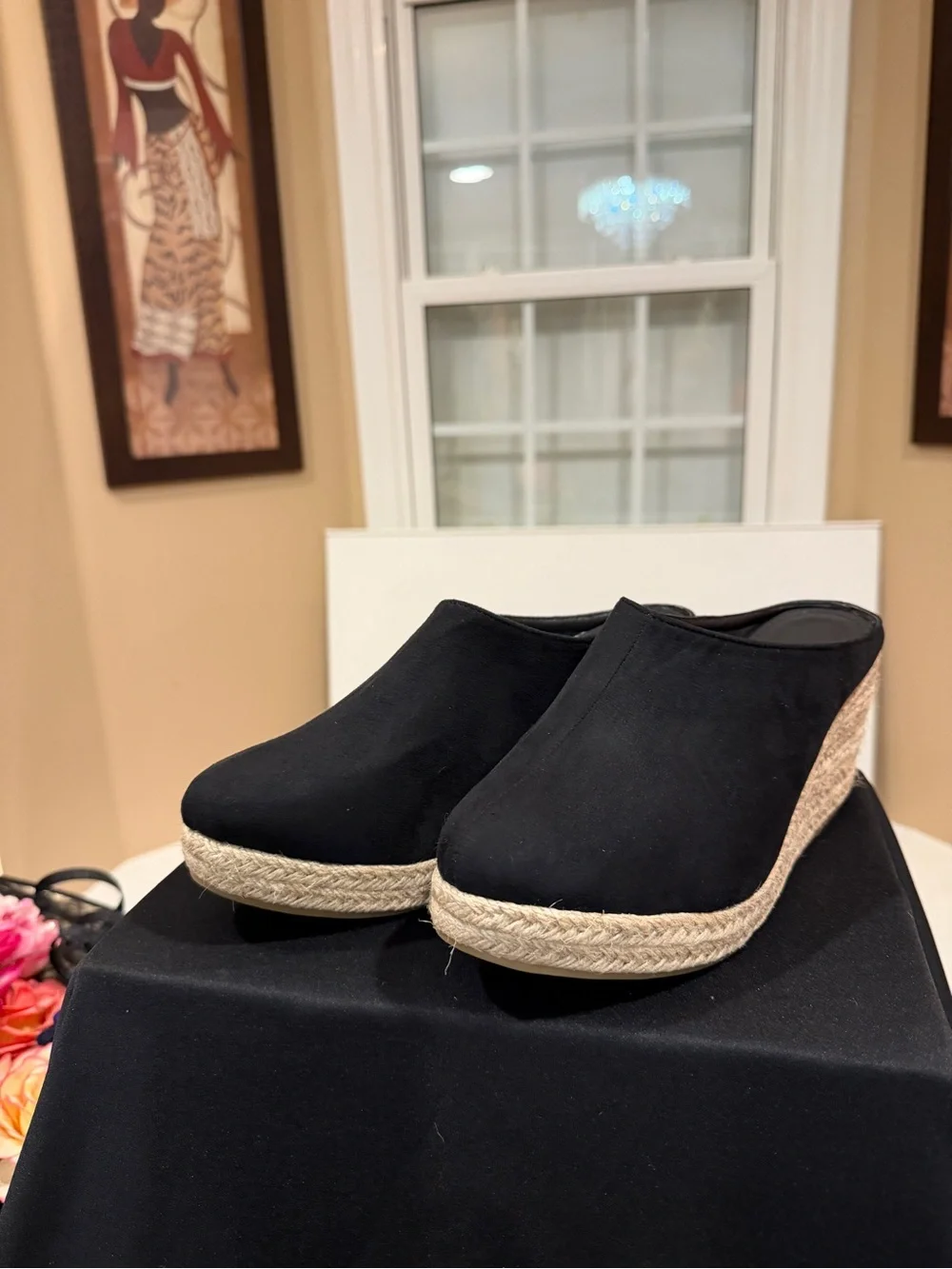 Women's Black Espadrille Wedge Mule